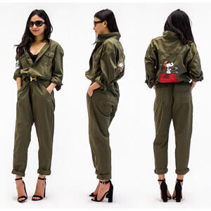 Zara Trafaluc Snoopy Utility Jumpsuit Olive Green Limited Collaboration Read